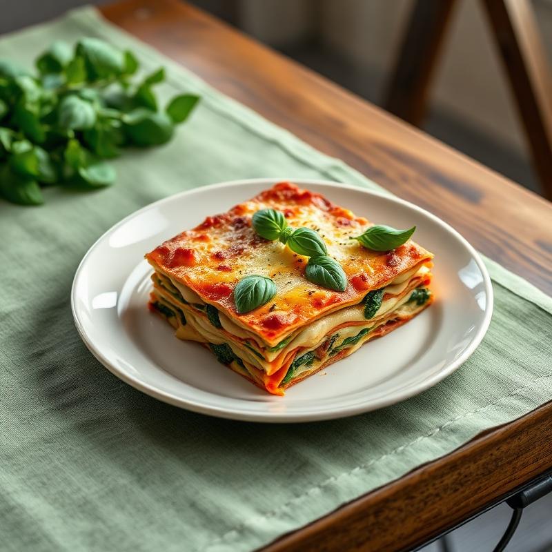 Garden vegetable lasagna on a cream plate